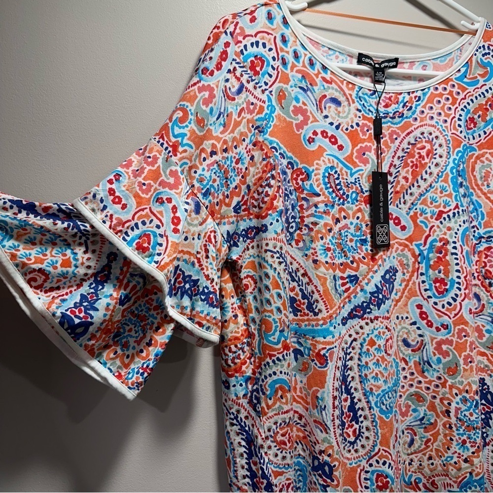 Cable & Gauge 3/4 Ruffle Bell Short Sleeve Blouse Paisley White Hem Large NWT - Picture 4 of 15